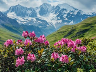 Fototapeta premium Vibrant Pink Rhododendron Flowers in Breathtaking Alpine Landscape with Majestic Snow-Capped Mountains in the Background