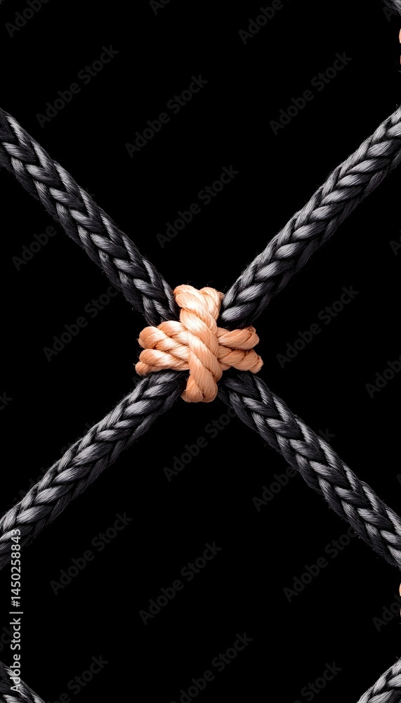 Poster intertwined black ropes form an 'x' shape with a knot in the center, creating a geometric pattern ag