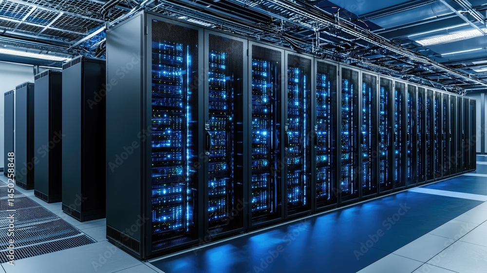 Poster futuristic data center with glowing blue server racks in a modern high tech facility, ideal for tech