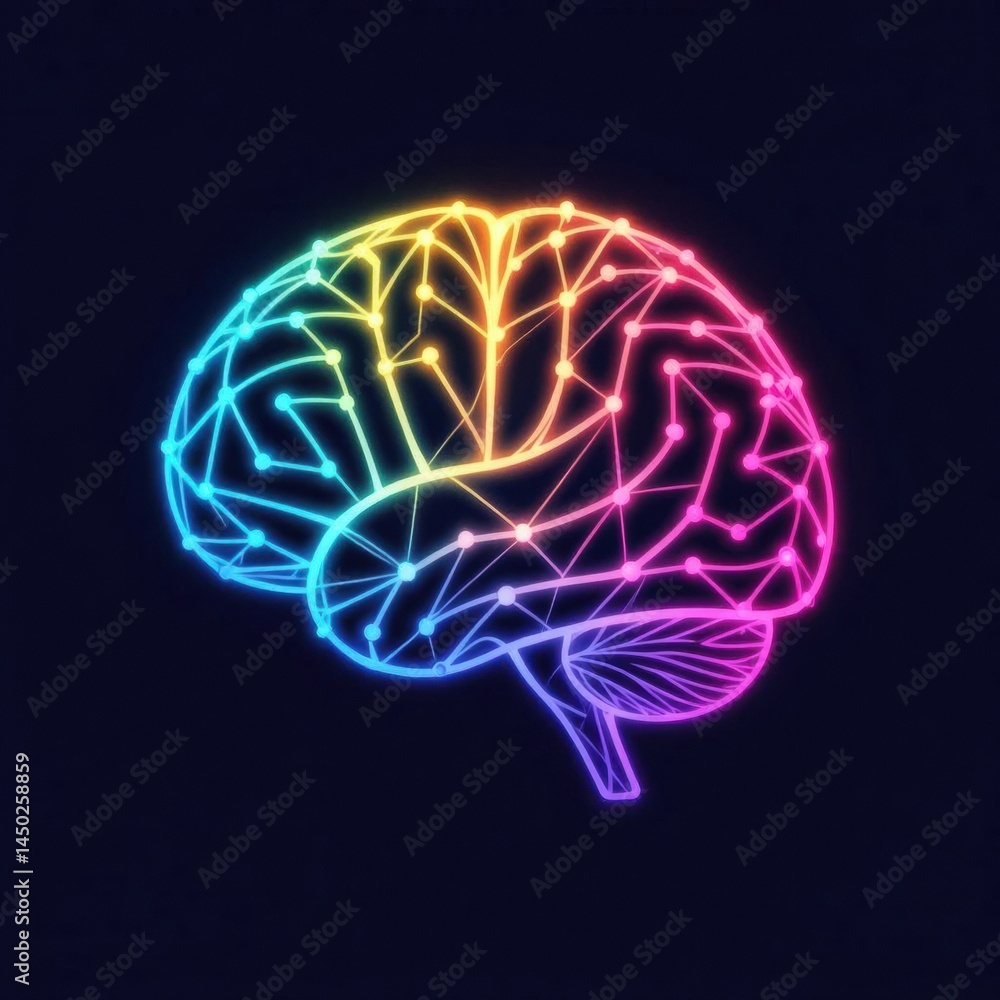 Poster a glowing neon outline of a human brain with connected nodes and lines, representing networks and te