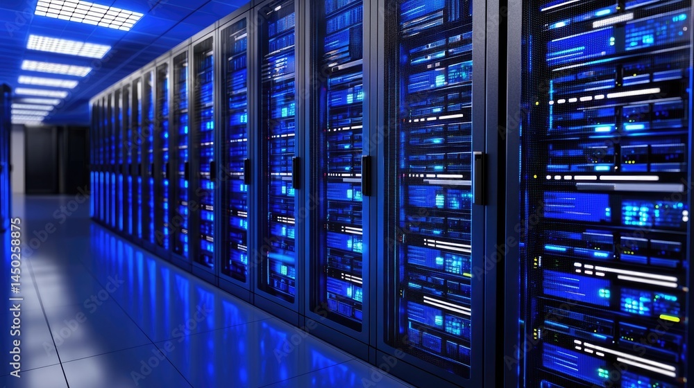 Aufkleber Modern high performance server room with blue glowing racks in a secure tech environment, suitable for IT, cloud storage, and digital service topics