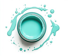 Paint can with teal blue paint top view lay flat with drips and droplets on isolated white background