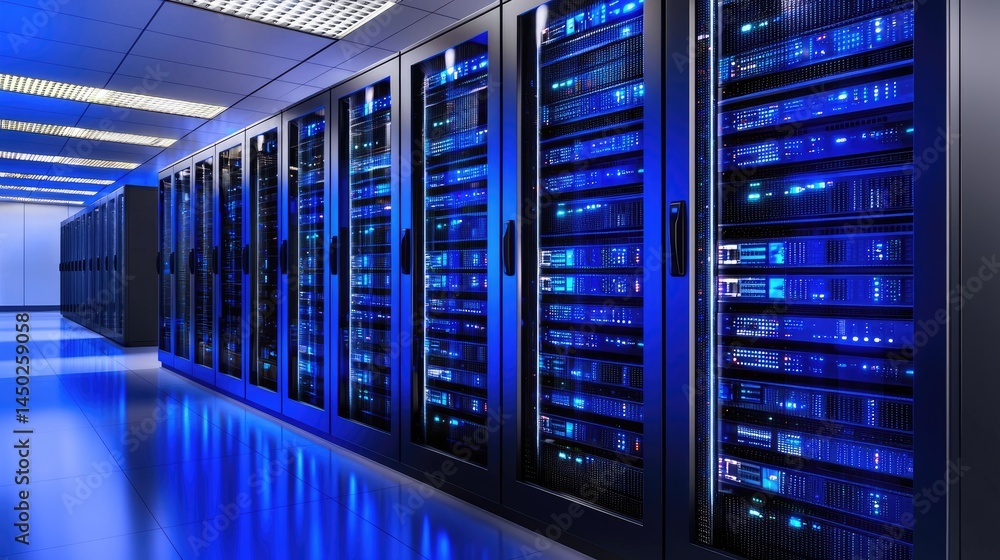 Poster Digital server environment with glowing blue lights and mirrored reflections, ideal for web hosting, IT services, and cloud infrastructure visuals