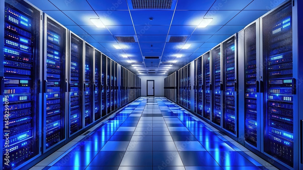 Leinwandbilder Symmetrical data center hall with blue lit server units under grid ceiling, great for showcasing digital networks, IT security, and futuristic cloud systems