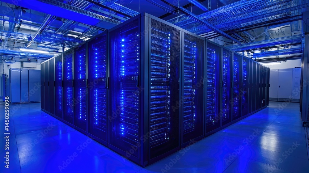 Poster Advanced server array with intense blue lights in a modern data facility, great for cyber security, data hosting, and cloud system illustrations