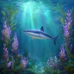 Obraz premium Graceful Shark in Sunlit Kelp Forest Underwater Scene