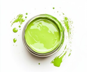 Paint can with bright green paint top view lay flat with drips and droplets on isolated white background