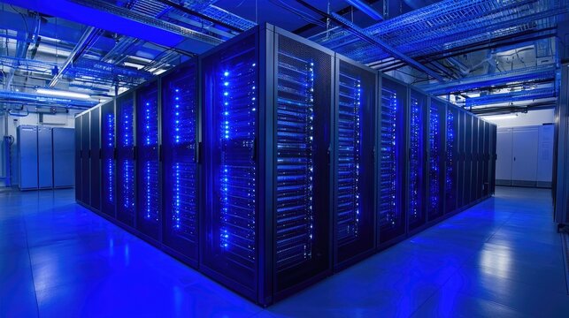 Advanced server array with intense blue lights in a modern data facility, great for cyber security, data hosting, and cloud system illustrations