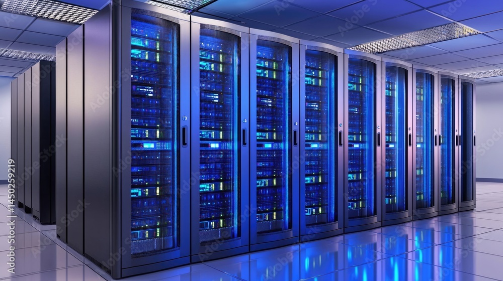 Fototapete Clean tech data center with rows of glowing blue servers in high tech cabinets, suitable for cloud computing, IT services, and digital backup concepts