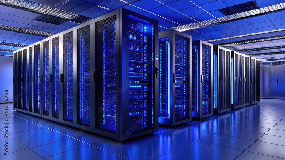 Poster technology server room interior filled with glowing blue racks in a clean digital setup, ideal for i