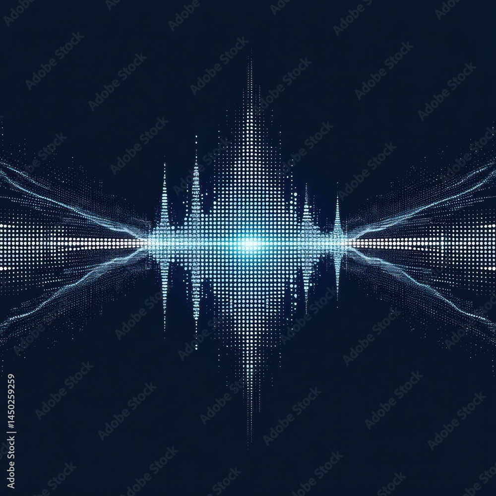 Poster abstract digital soundwave with blue and white dots forming a symmetrical, futuristic pattern on a d