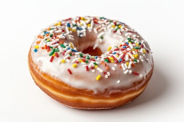 Colorful glazed donut with sprinkles on a white background, ideal for dessert promotions