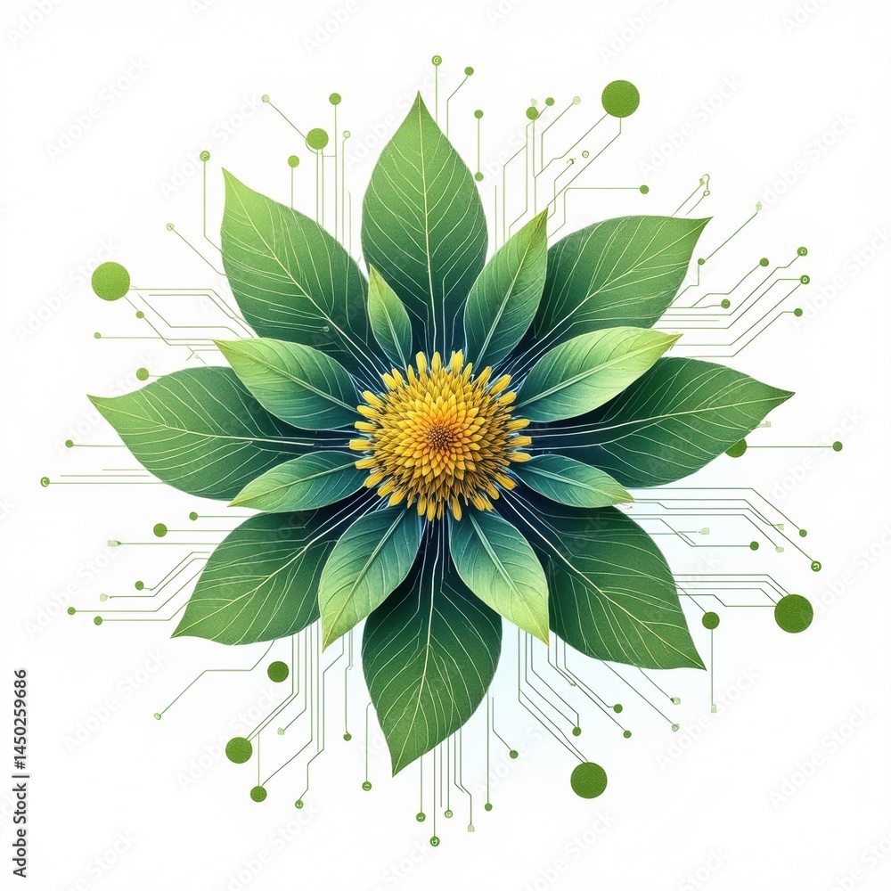 Aufkleber a green flower with circuit-like patterns, symbolizing the fusion of nature and technology on a whit