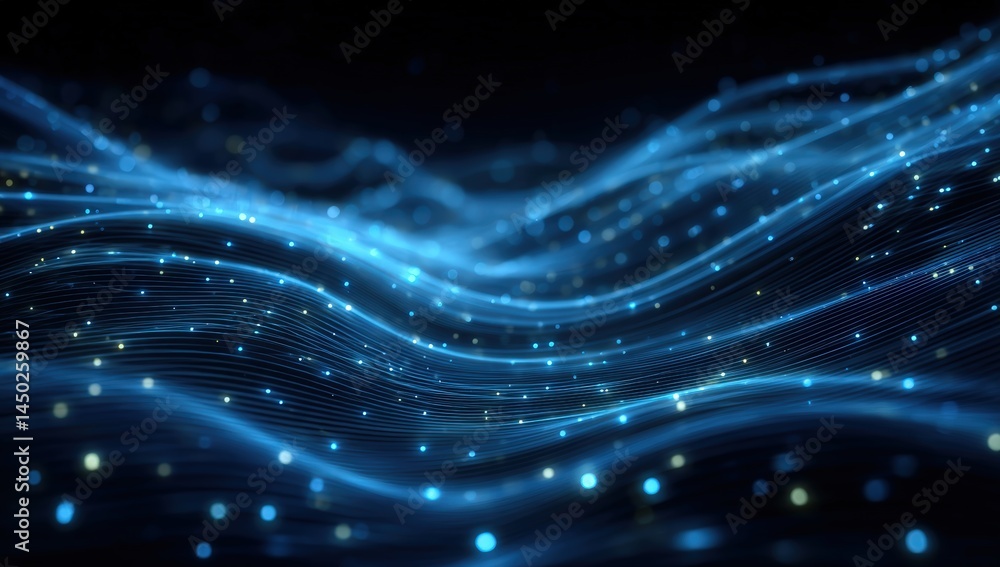 Poster glowing blue lines and dots form abstract, wavy patterns on a dark background, resembling digital da