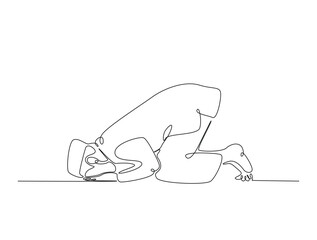 Continuous one line drawing of man with prostration gesture. Forgiveness and Gratitude person gesture outline illustration. Editable vector.