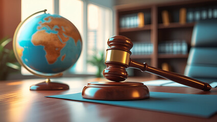 Gavel hammer with globe on a table with office background Legal law, international law concept abstract image