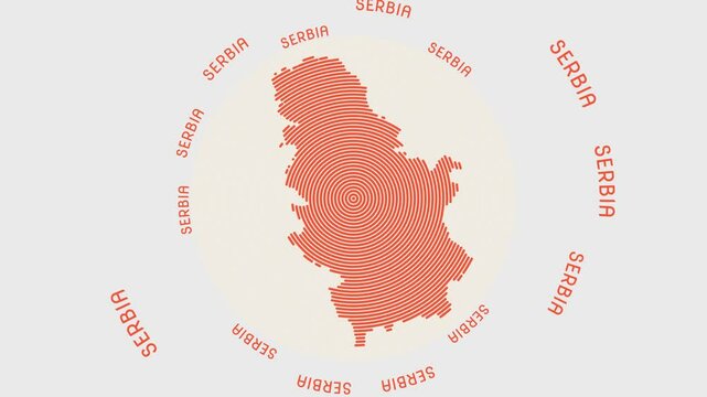 Serbia shape with dynamic circles visual effect. Animation of Serbia logo appearing from rotating rings and Country name around the shape. Intro, opening, closing, logo video.