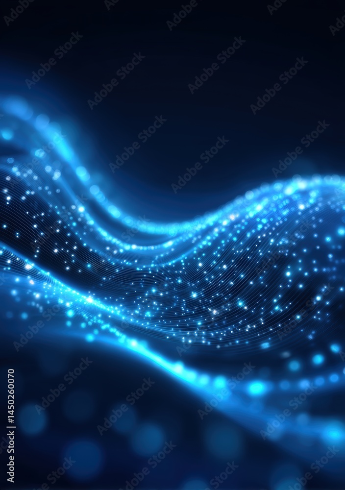 Poster glowing blue light waves and particles flow on a dark background, creating a futuristic and dynamic 