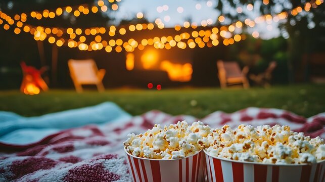 Popcorn on a blanket with string lights and chairs in the background for an outdoor movie night