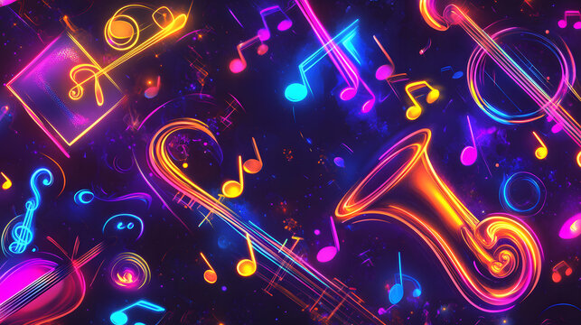 Vibrant neon music notes and instruments create a lively, colorful background, evoking a sense of artistic energy.