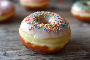 Colorful glazed donut with sprinkles on a wooden table, surrounded by other donuts