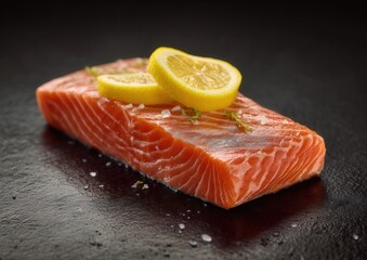 Fresh salmon fillet garnished with lemon slices on a dark slate background.