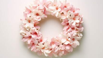 Soft pink flower wreath on white background

