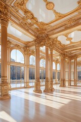 Obraz premium Sunlit grand hall with gilded columns, ornate ceiling, and arched windows