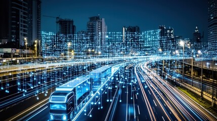 Obraz premium Futuristic city transportation network at night.