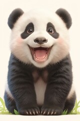 Fototapeta premium Adorable panda cub smiling with its mouth open, seated among small grass blades
