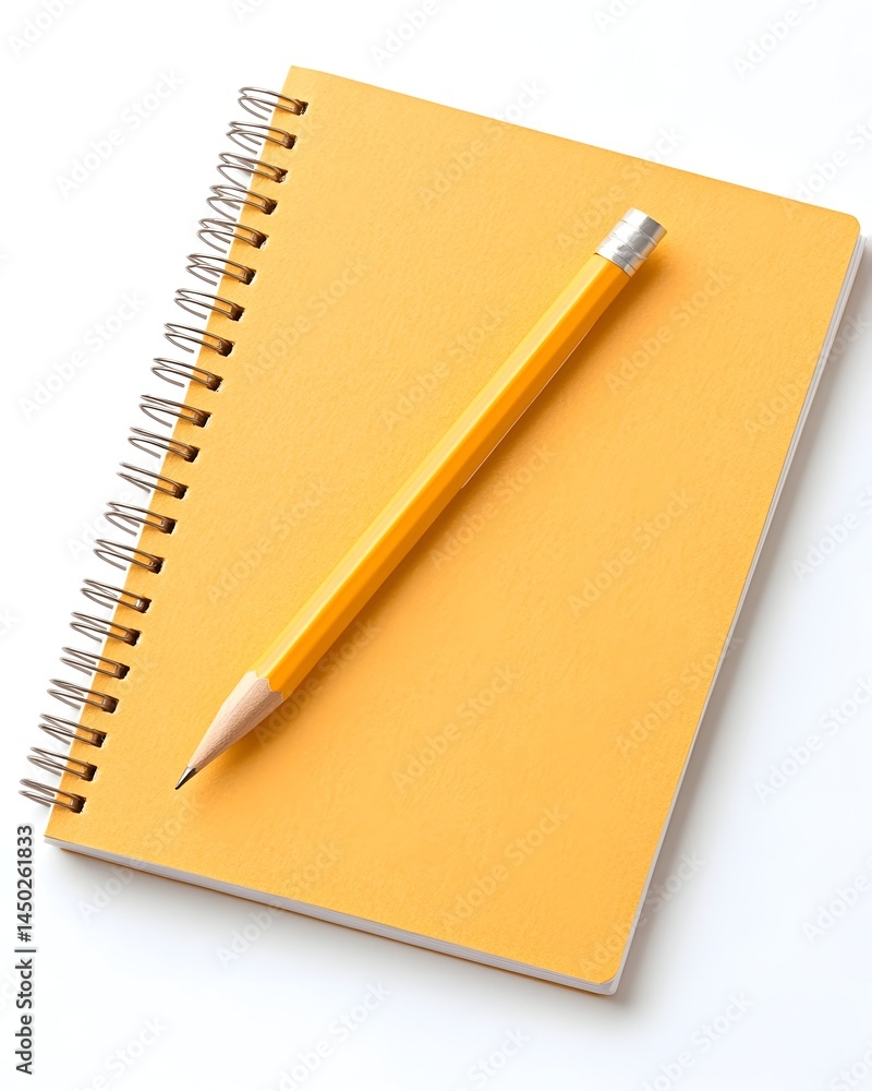 Poster yellow spiral notebook with a sharpened pencil resting on top