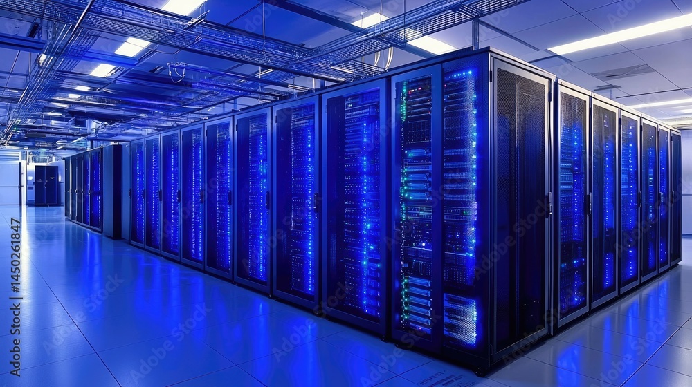 Poster corner view of a large data center filled with glowing blue servers, perfect for it service provider