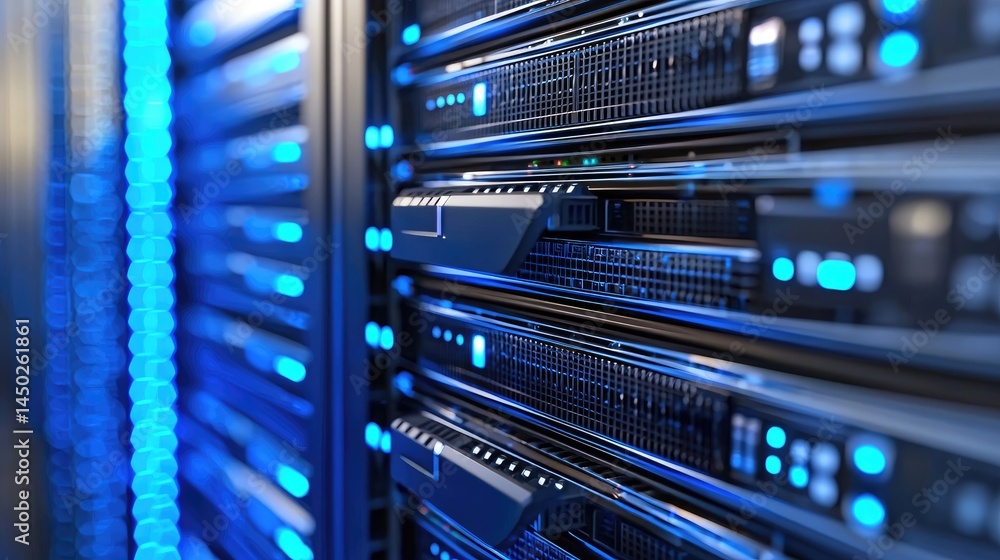 Fototapete focused macro view of modern blue servers with active lights and ventilation, excellent for it infra
