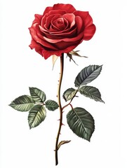 Vibrant Red Rose with Lush Green Leaves on White Background Perfect for Floral Design, Romantic Themes, and Nature Inspired Art