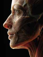 Realistic 3D illustration of woman face showcasing intricate muscle details, emphasizing anatomical features and textures. artwork highlights complexity of human anatomy