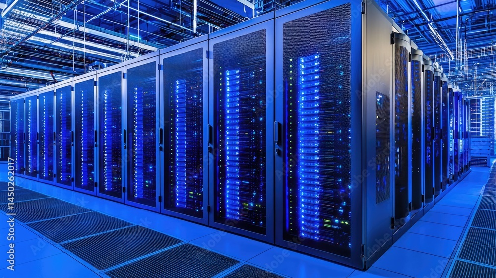 Fototapete Organized rows of secure server racks with blue LED lights in modern IT environment, great for cloud architecture, hosting, and digital operations