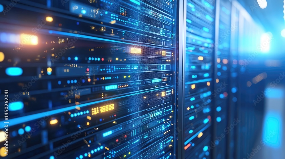 Fototapete bright blue futuristic data center with sleek rows of servers and grid ceiling, ideal for cloud stor