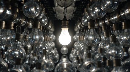 Group of light bulbs in rows, all of which are unlit except for one bulb which is glowing