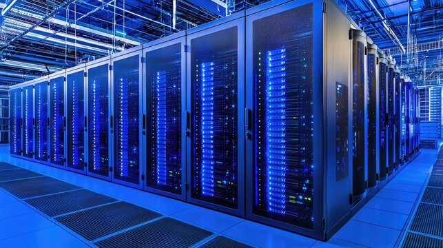 Organized rows of secure server racks with blue LED lights in modern IT environment, great for cloud architecture, hosting, and digital operations