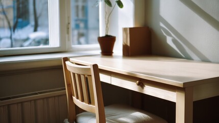 Fototapeta premium Sunlight streams onto a wooden desk next to a solitary potted plant, creating an intimate space that invites calm and contemplation.