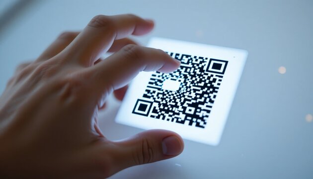 Close up Hand Interacting with Glowing QR Code on Screen Digital Technology Concept