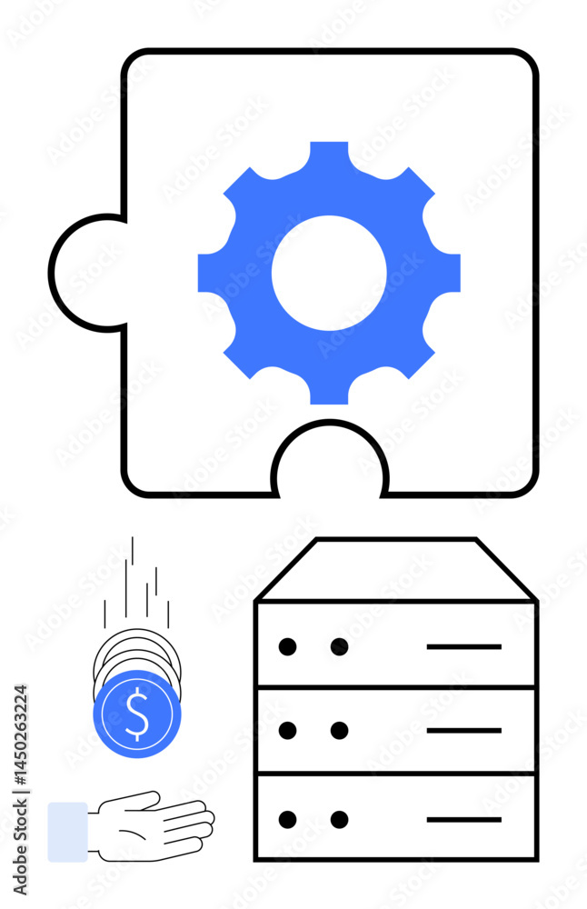 Poster gear within puzzle piece above falling coins into hand and server stack. ideal for technology, softw