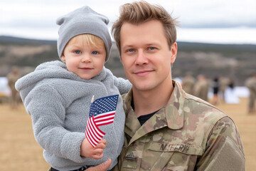 A soldier and a young child stand together, the child proudly holding a small flag while wearing a cozy outfit. This touching moment takes place during the ARMAD celebration honoring heroes