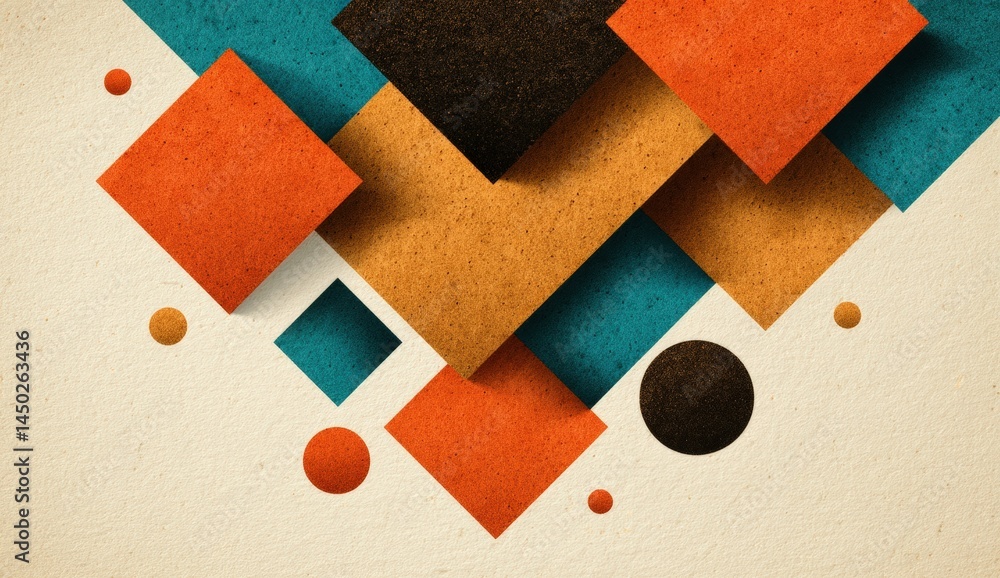 Poster colorful geometric shapes overlap and float on a textured beige background, creating a modern abstra