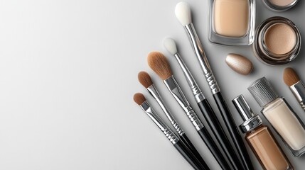Makeup brushes and cosmetic products are arranged on a white surface.