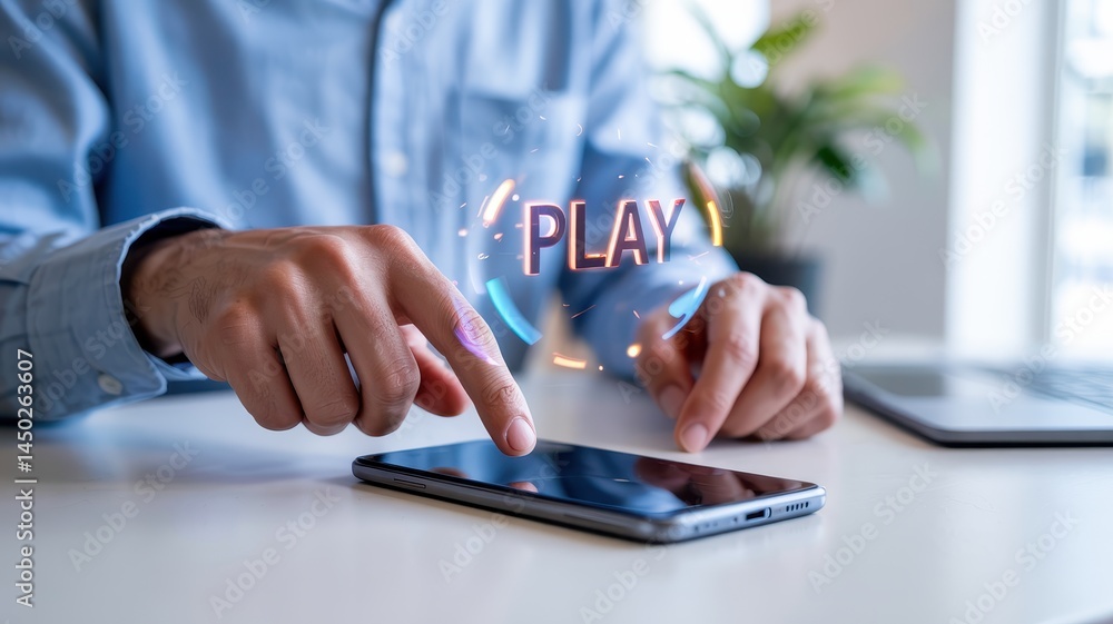 Poster person interacting with a smartphone displaying a play button.