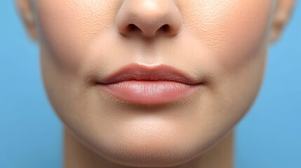 Close-up of a woman's lips and skin texture, showcasing soft features against a light blue background.