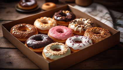 Delicious array of colorful donuts in a rustic box