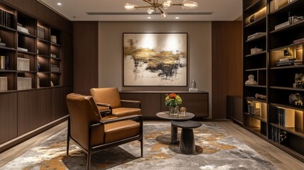 Stylish living room with brown armchair, bookcase, pendant lamp, carpet and wall art