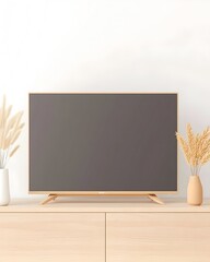 A flat-screen TV on a wooden entertainment center with two vases of dried flowers on either side